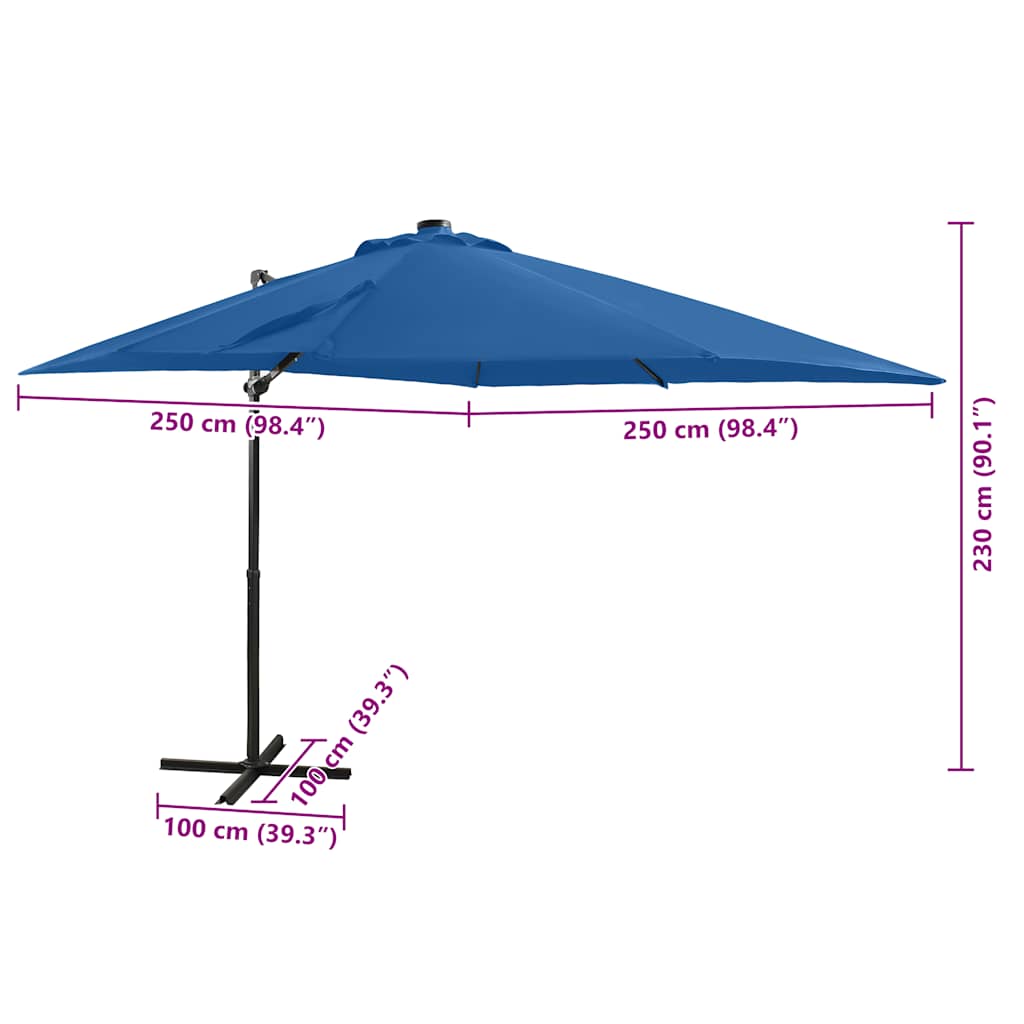 Ombrellone a Sbalzo con Palo e Luci a LED Azzurro 250 cm