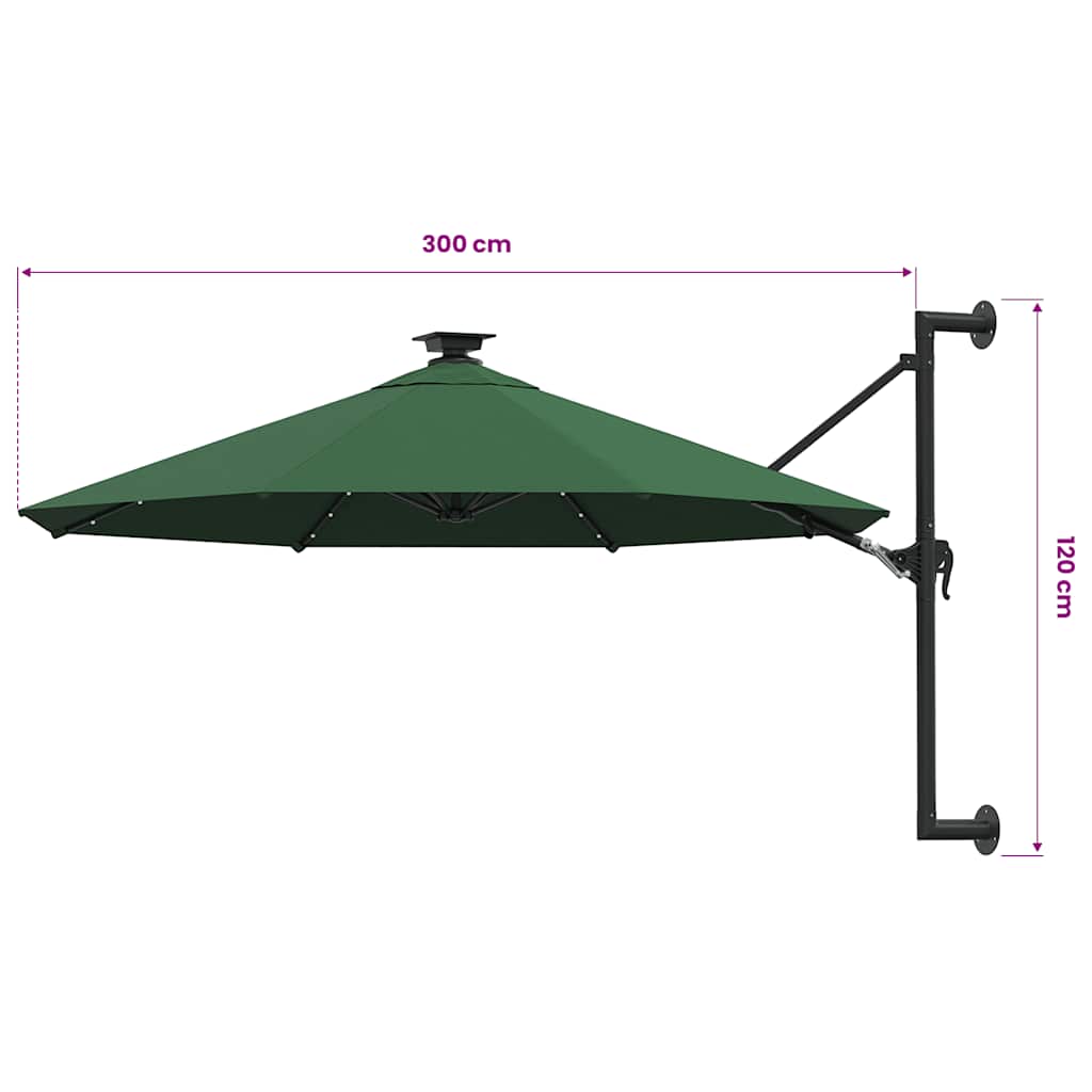 Ombrellone da Giardino a Parete con LED 300 cm Verde