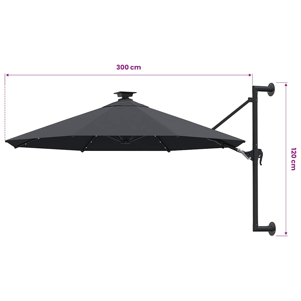 Ombrellone da Giardino a Parete con LED 300 cm Antracite