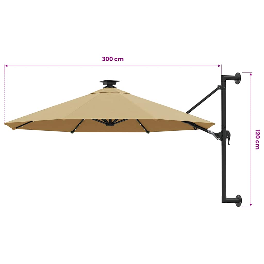 Ombrellone da Giardino a Parete con LED 300 cm Tortora