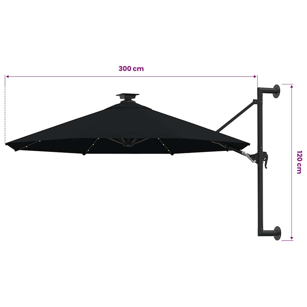 Ombrellone da Giardino a Parete con LED 300 cm Nero