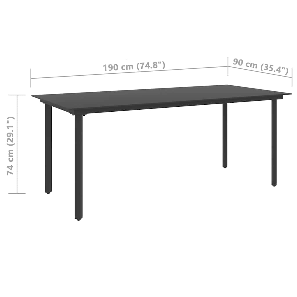 Tavolo da Giardino Nero 190x90x74 cm in Acciaio e Vetro