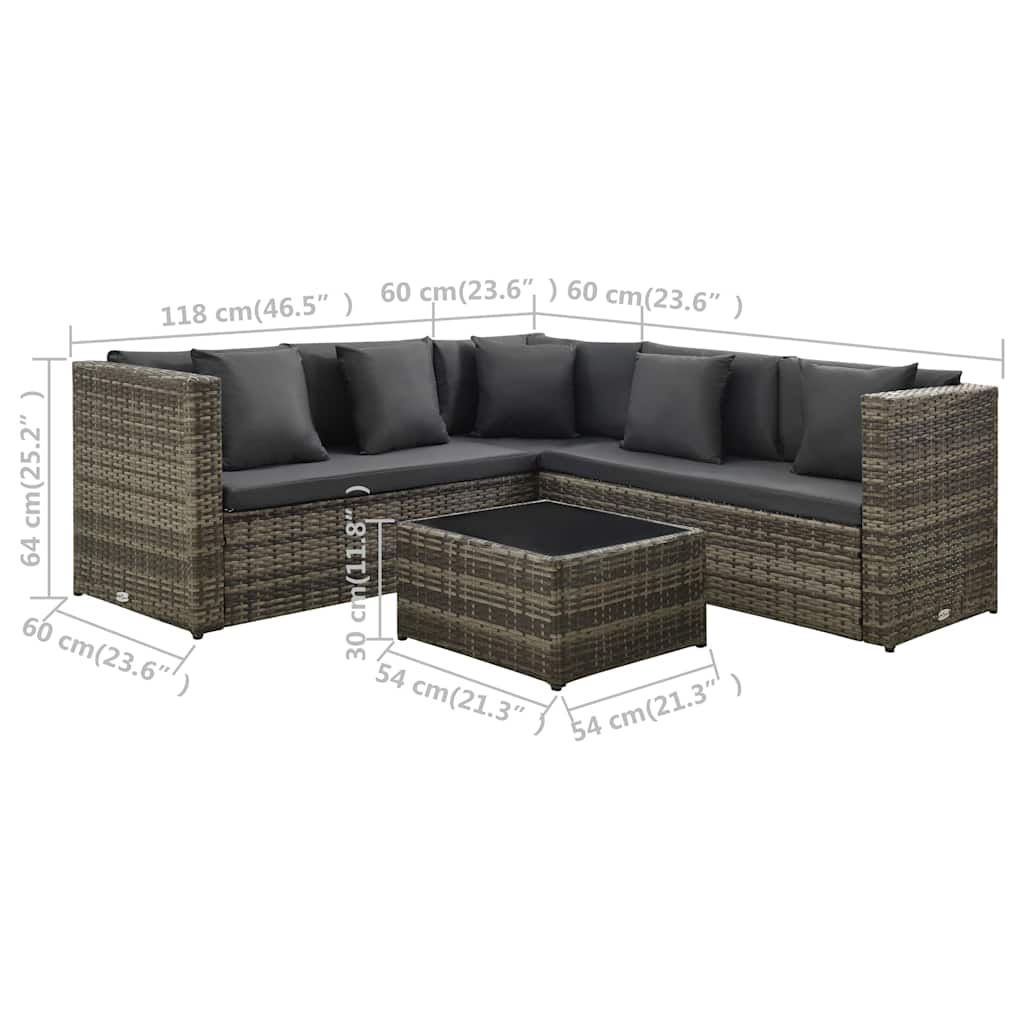 Set Divani da Giardino 4 pz con Cuscini in Polyrattan Grigio