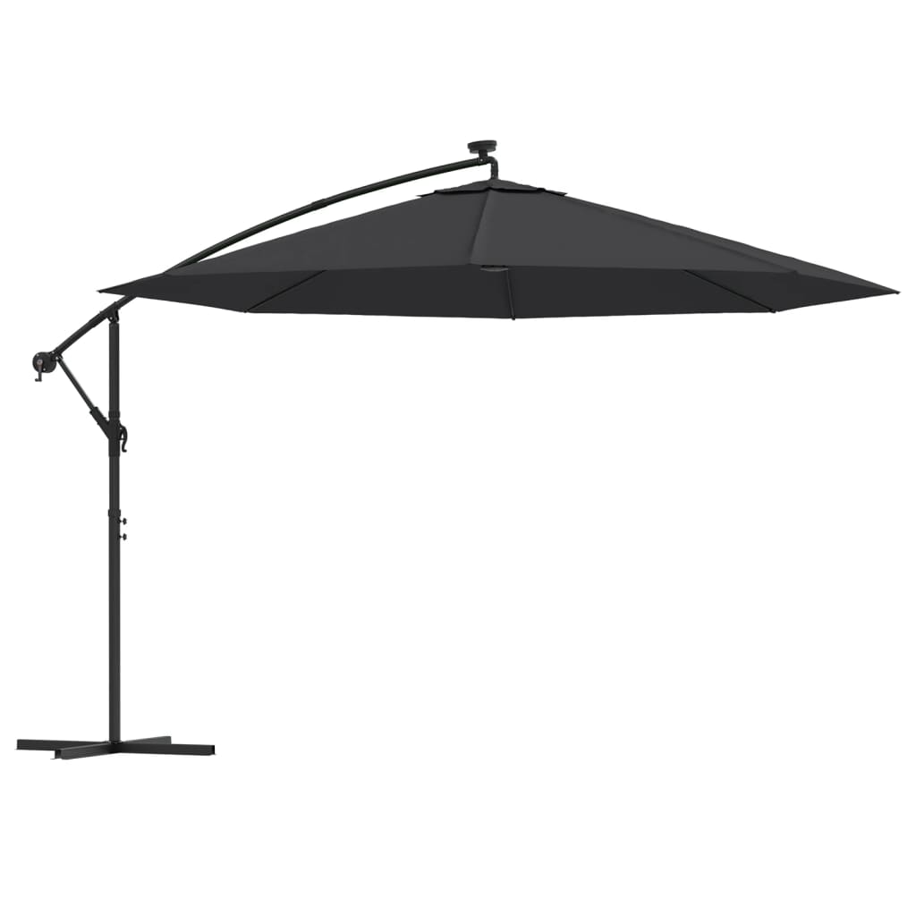 Ombrellone a Sbalzo con Palo e Luci a LED Nero 350 cm