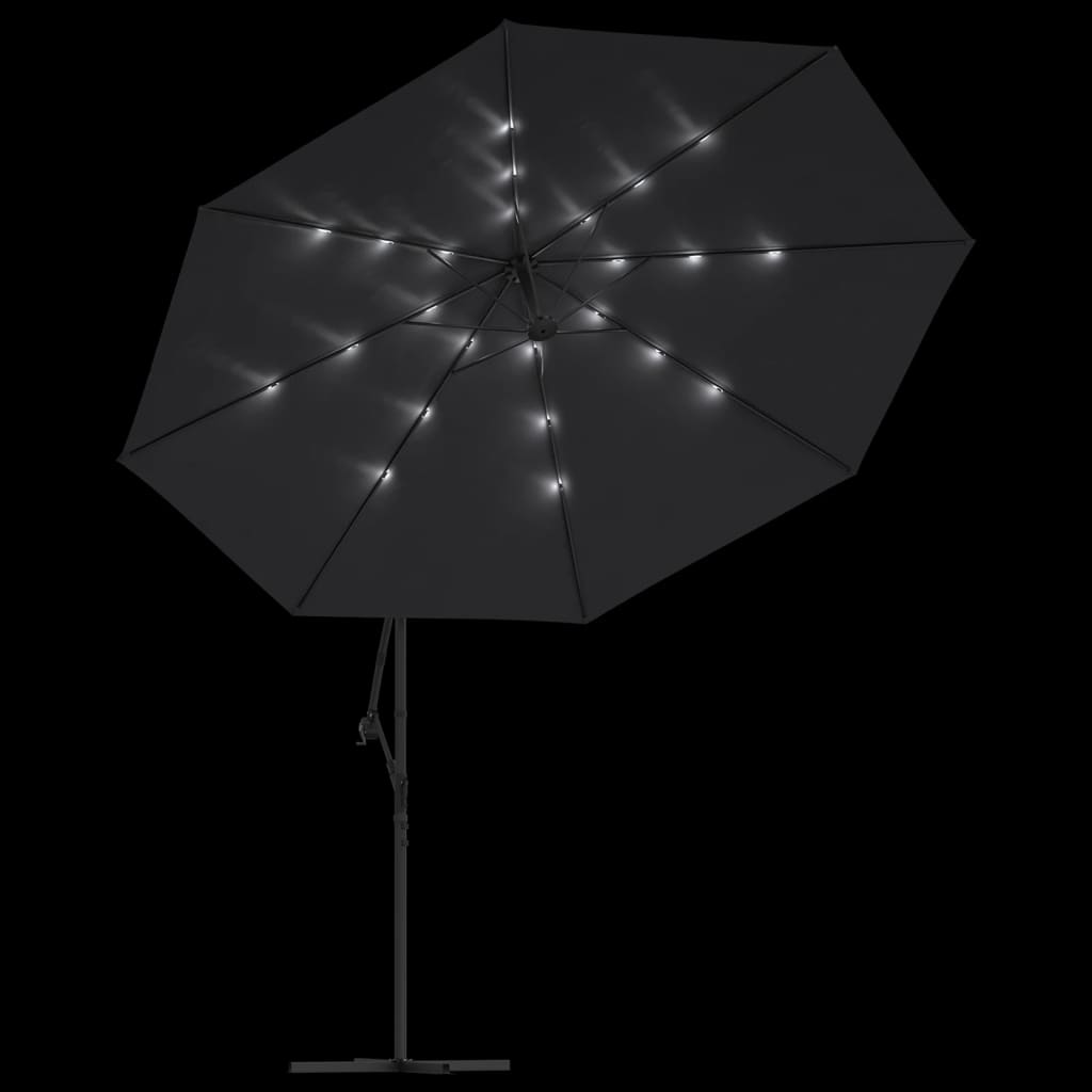 Ombrellone a Sbalzo con Palo e Luci a LED Nero 350 cm