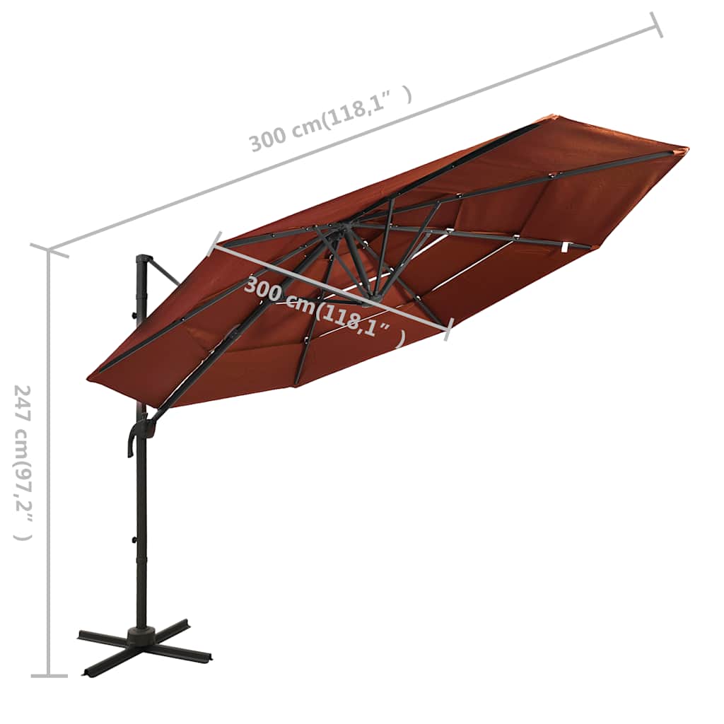 Ombrellone a Sbalzo 4 Livelli Palo in Alluminio 3x3m Terracotta