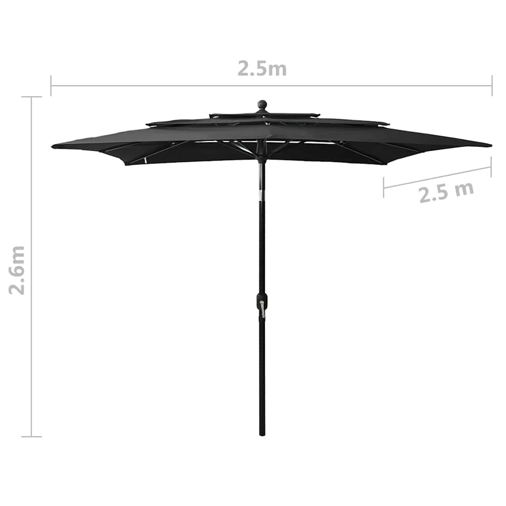 Ombrellone a Sbalzo 3 Livelli Palo Alluminio 2,5x2,5 m Nero