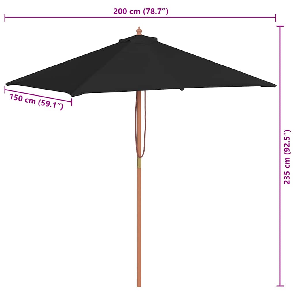 Ombrellone da Giardino con Palo in Legno 150x200 cm Nero