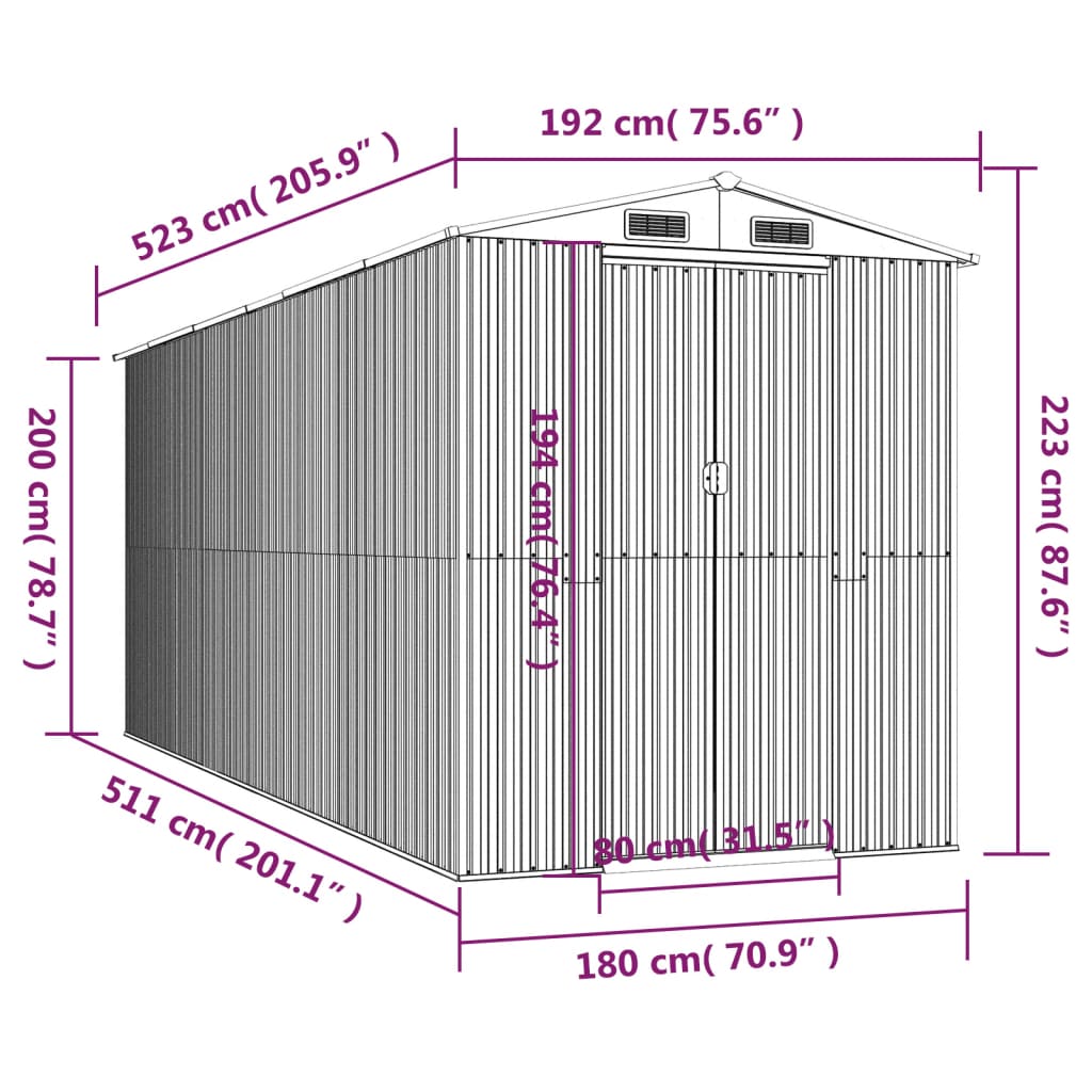 Capanno da Giardino Verde 192x523x223 cm Acciaio Zincato