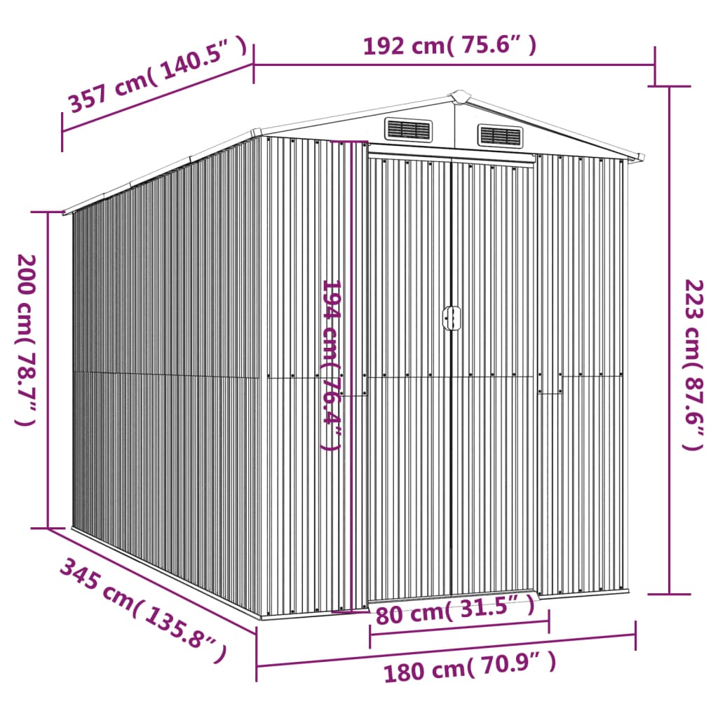 Capanno da Giardino Grigio Chiaro 192x357x223cm Acciaio Zincato