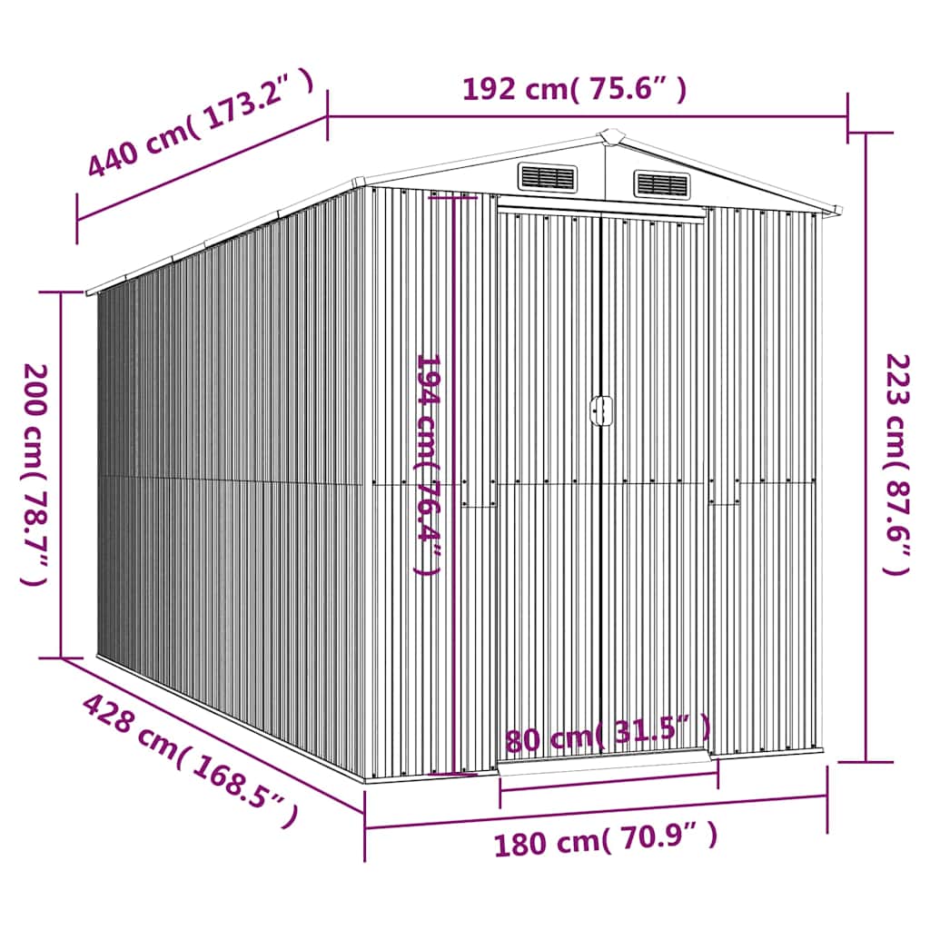 Capanno da Giardino Grigio Chiaro 192x440x223cm Acciaio Zincato