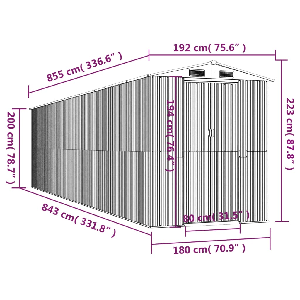 Capanno da Giardino Grigio Chiaro 192x855x223cm Acciaio Zincato