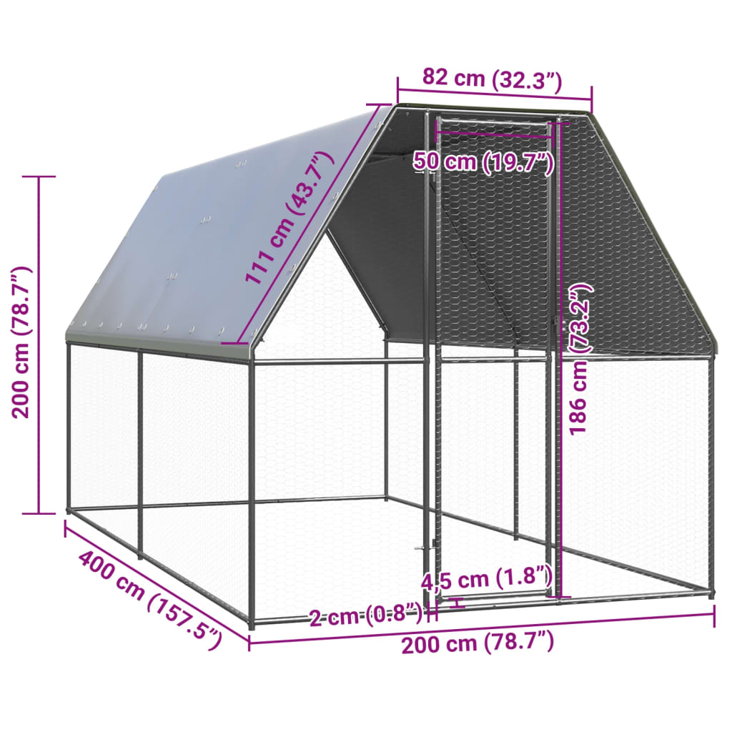 Gabbia per Polli da Esterno 2x4x2 m in Acciaio Zincato