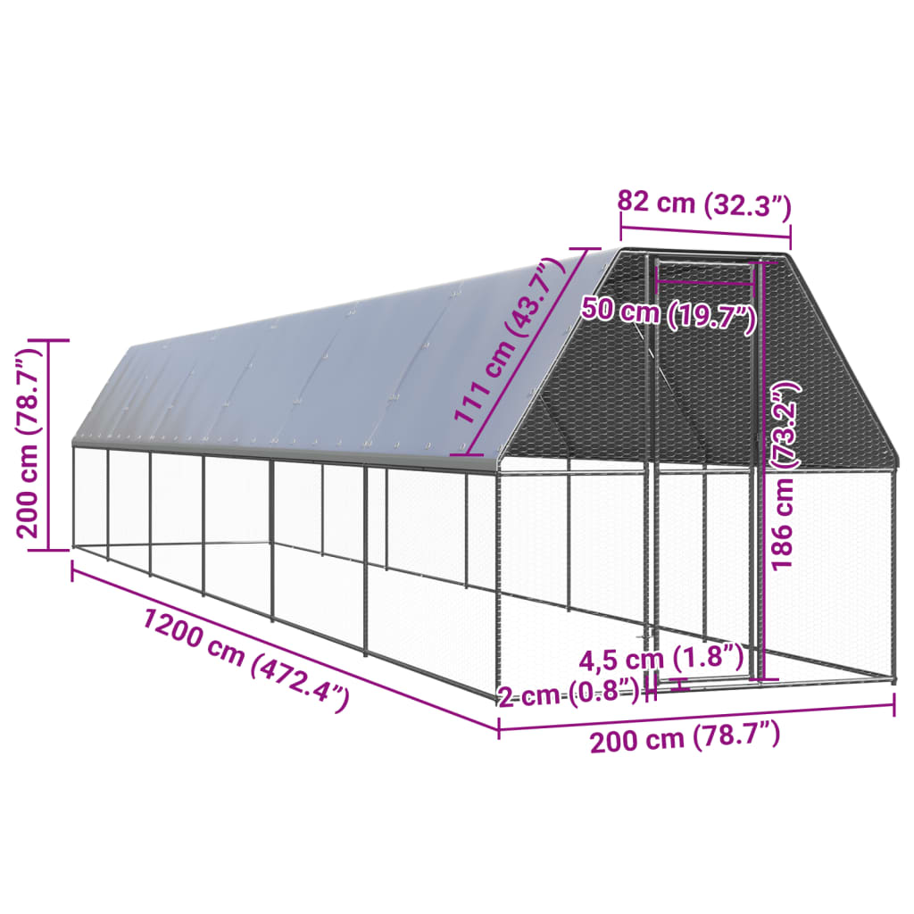 Gabbia per Polli da Esterno 2x12x2 m in Acciaio Zincato