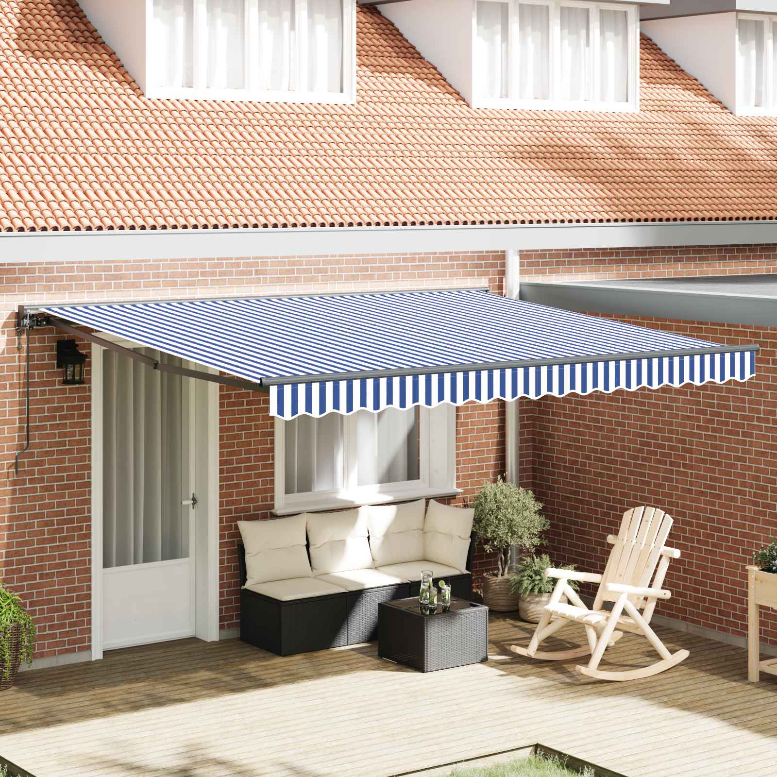Tenda retrattile Blu e Bianco con Struttura Nera 350 x 250 cm