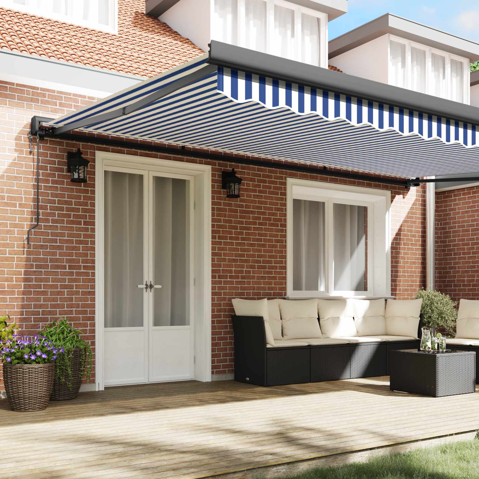 Tenda retrattile Blu e Bianco con Struttura Nera 500 × 300 cm