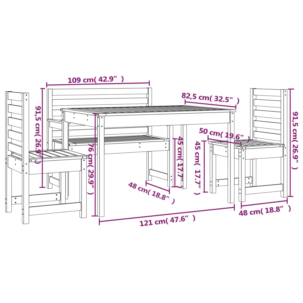 Set da Pranzo per Giardino 4pz Bianco in Legno Massello di Pino