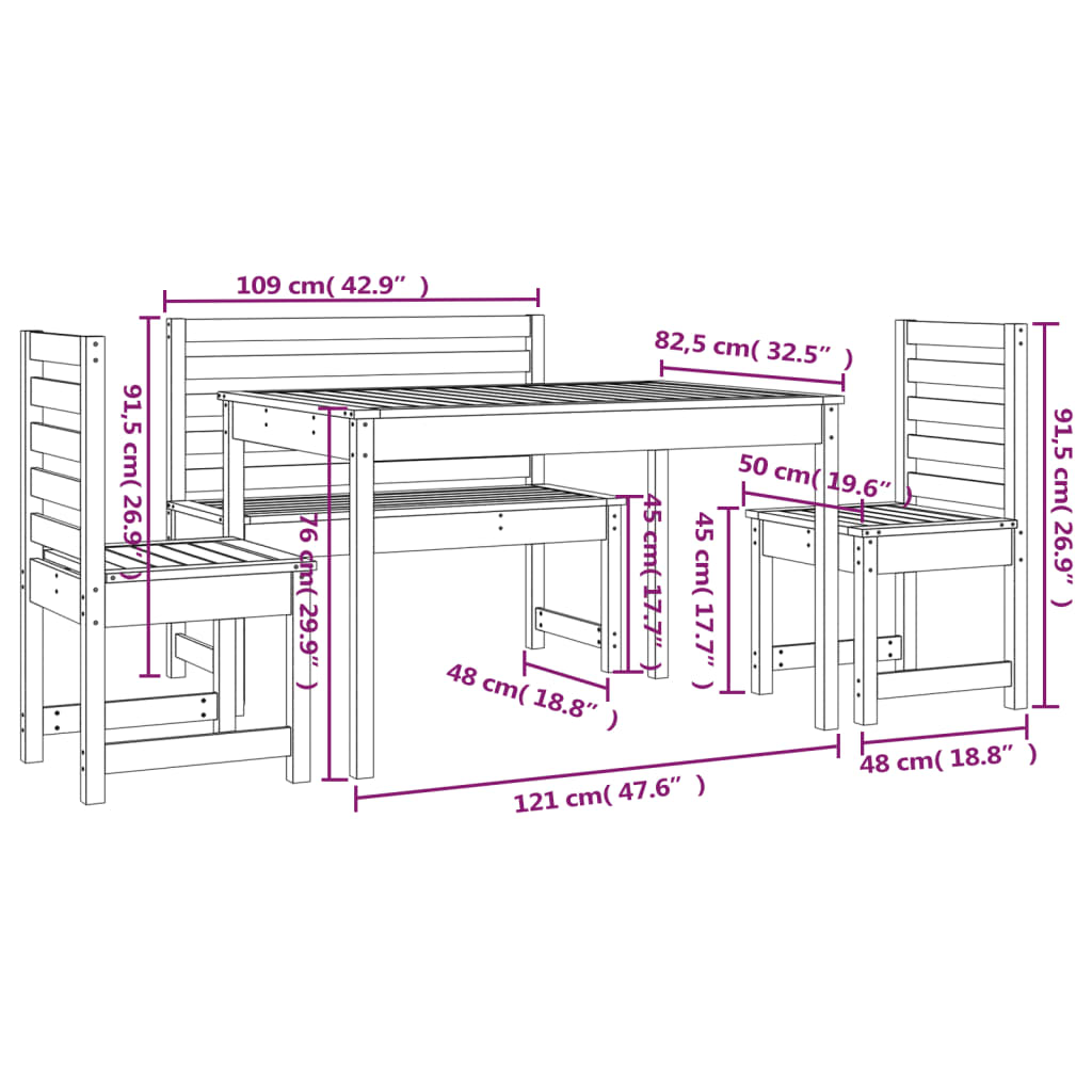 Set da Pranzo per Giardino 4pz Bianco in Legno Massello di Pino