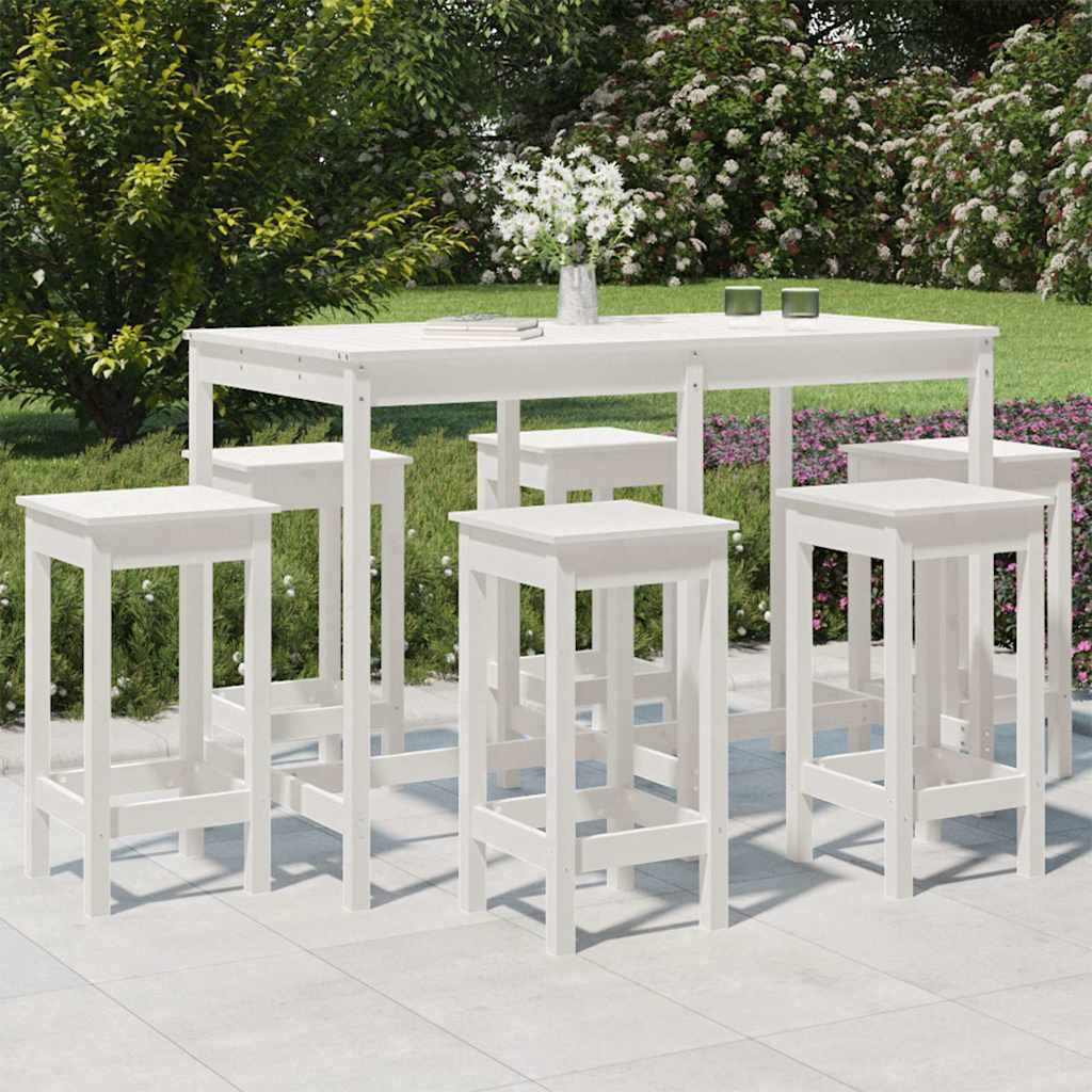 Set Bar da Giardino Bianco in Legno di Pino, Tavolo e 6 Sgabelli