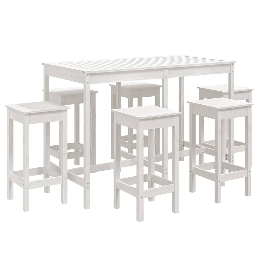 Set Bar da Giardino Bianco in Legno di Pino, Tavolo e 6 Sgabelli