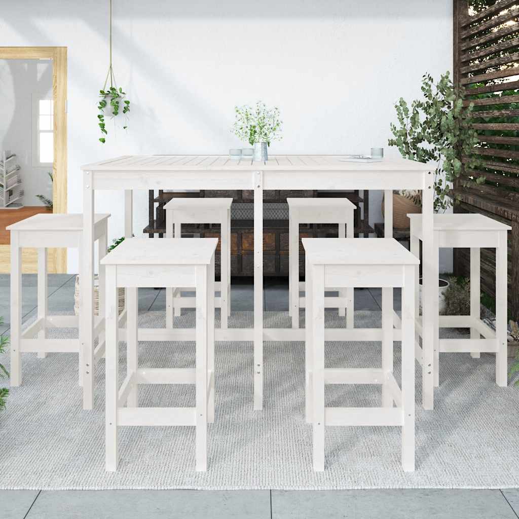 Set Bar da Giardino Bianco in Legno di Pino, Tavolo e 6 Sgabelli