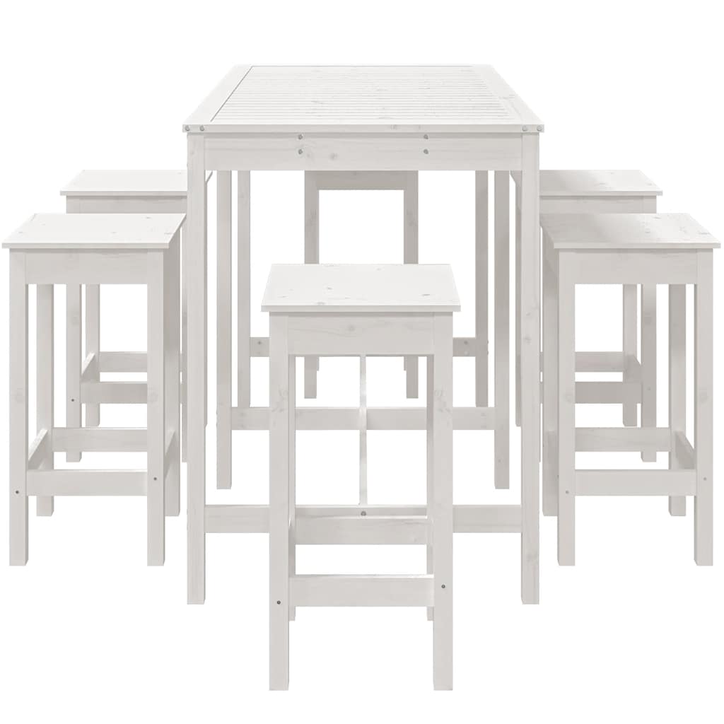 Set Bar da Giardino Bianco in Legno di Pino, Tavolo e 6 Sgabelli