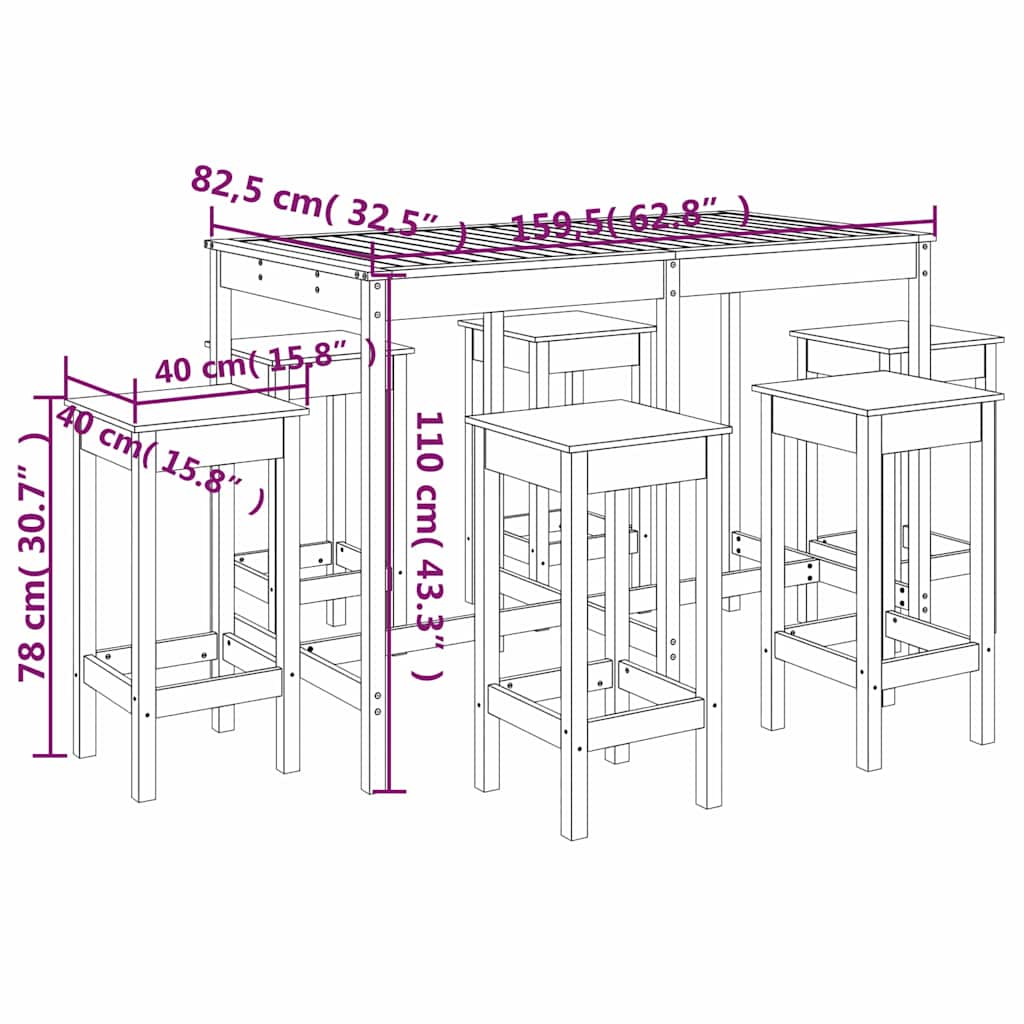 Set Bar da Giardino Bianco in Legno di Pino, Tavolo e 6 Sgabelli