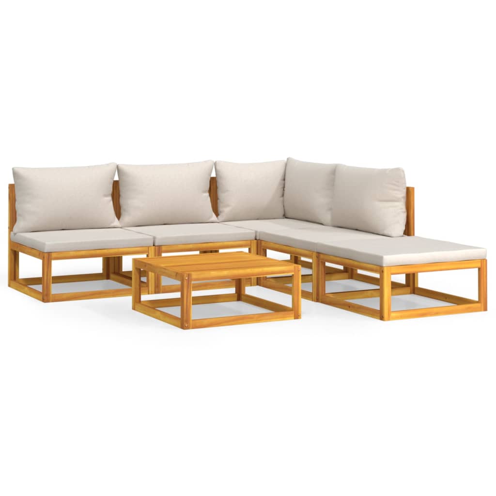 Set Salotto Giardino 6pz Cuscini Grigio Chiaro Legno Massello