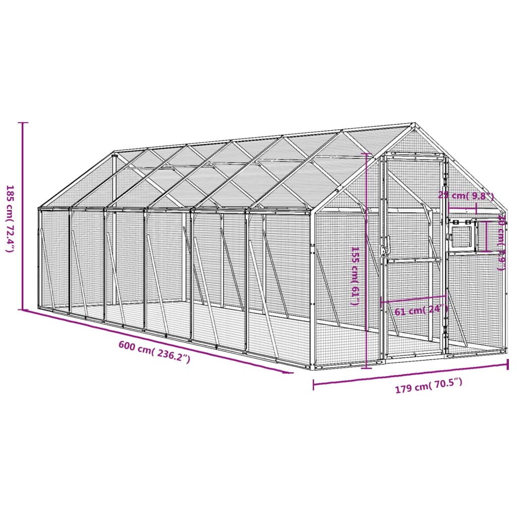 Voliera Argento 1,79x6x1,85 m in Alluminio