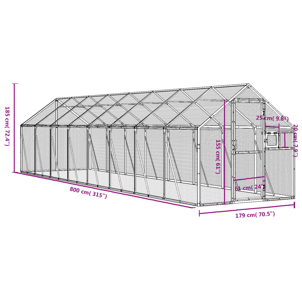 Voliera Argento 1,79x8x1,85 m in Alluminio