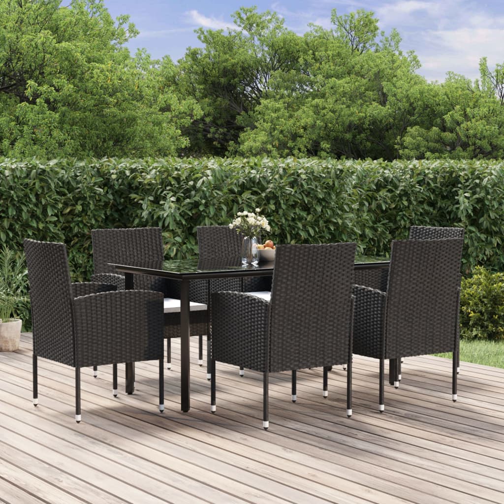 Set da Pranzo da Giardino 7 pz Nero con Cuscini in Polyrattan