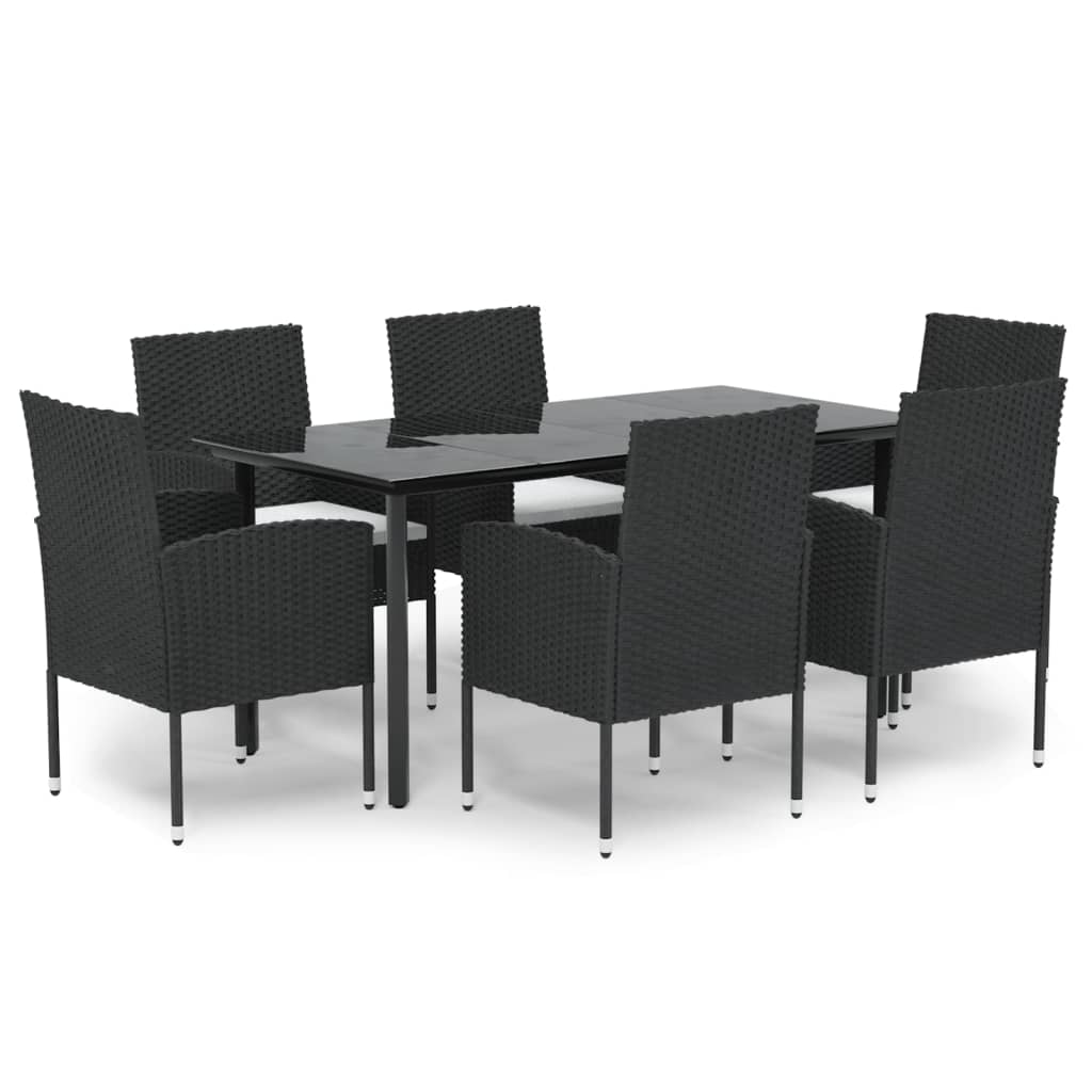 Set da Pranzo da Giardino 7 pz Nero con Cuscini in Polyrattan