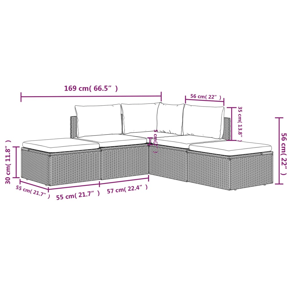 Set Divani da Giardino 5 pz con Cuscini in Polyrattan Grigio
