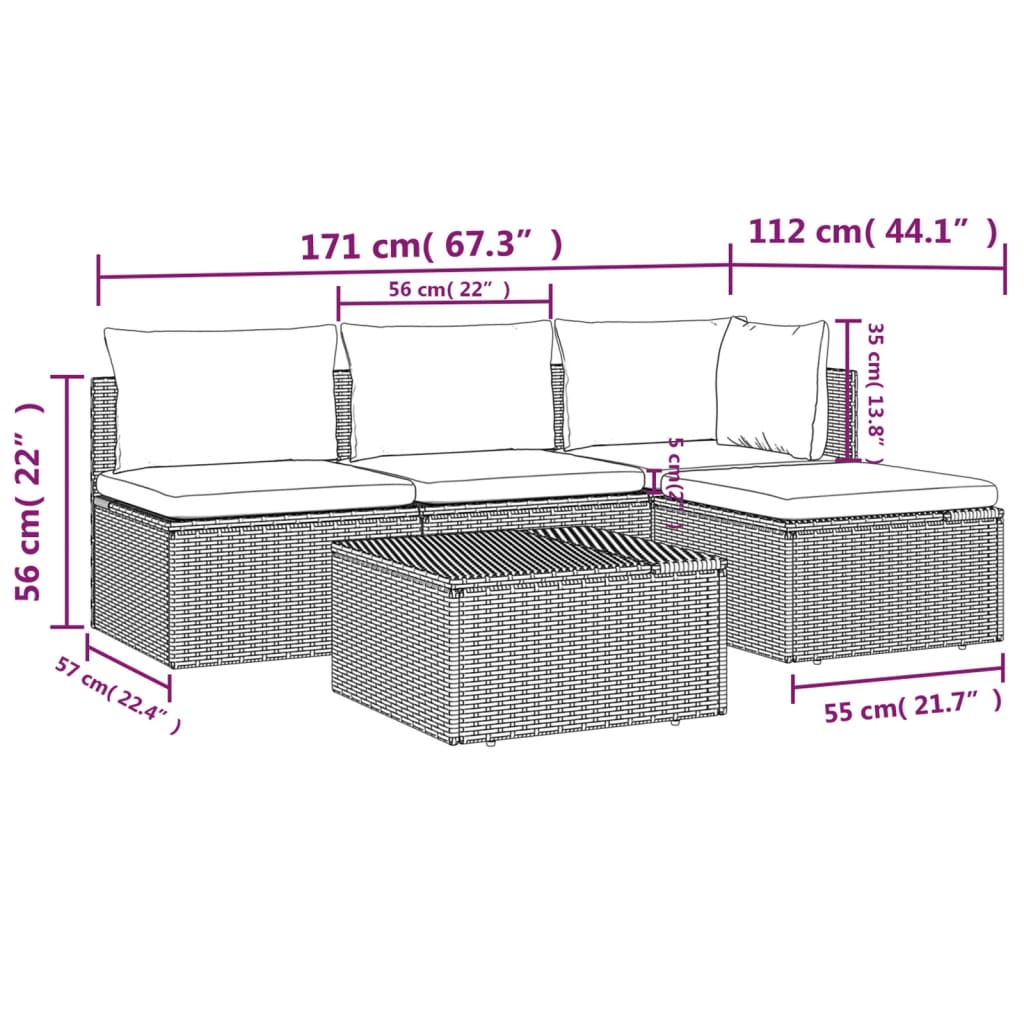 Set Divani da Giardino 5 pz con Cuscini in Polyrattan Grigio