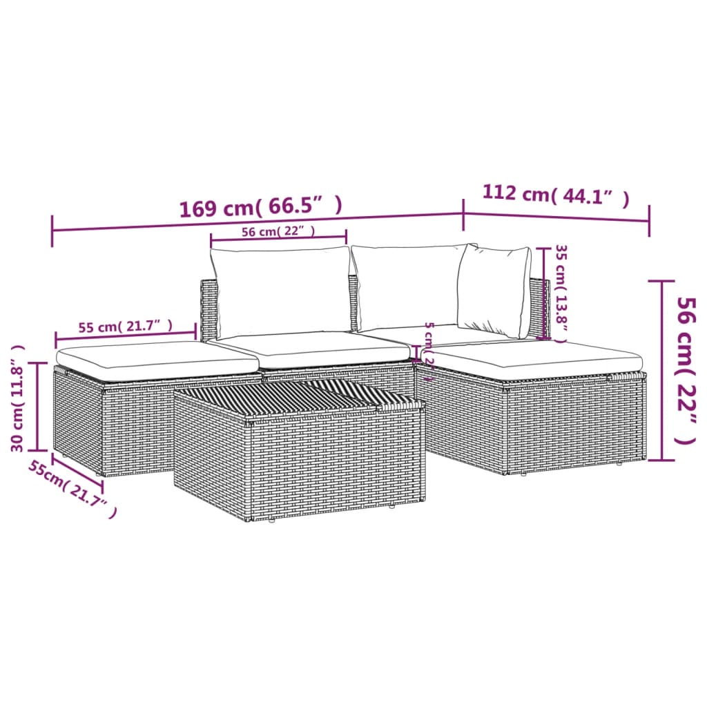 Set Divani da Giardino 5 pz con Cuscini in Polyrattan Grigio