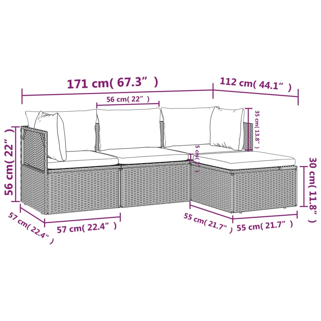 Set Divani da Giardino 4 pz con Cuscini in Polyrattan Grigio