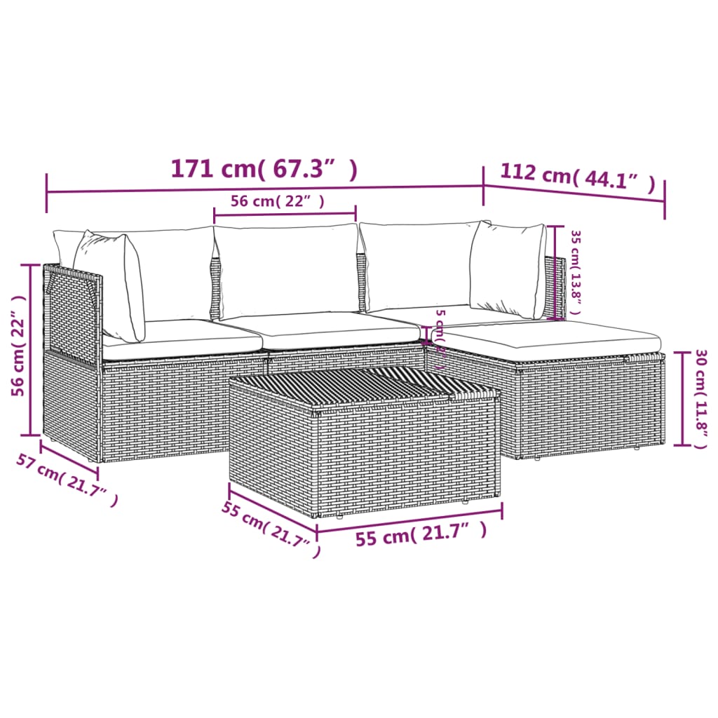 Salotto da giardino grigio 5 pz in polyrattan con cuscini