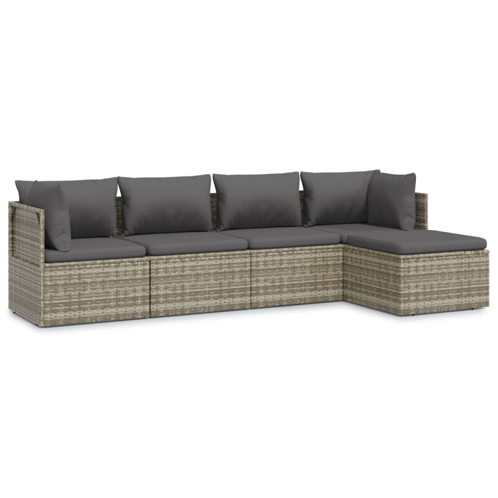 Salotto da giardino grigio in polyrattan, 5 pezzi con cuscini