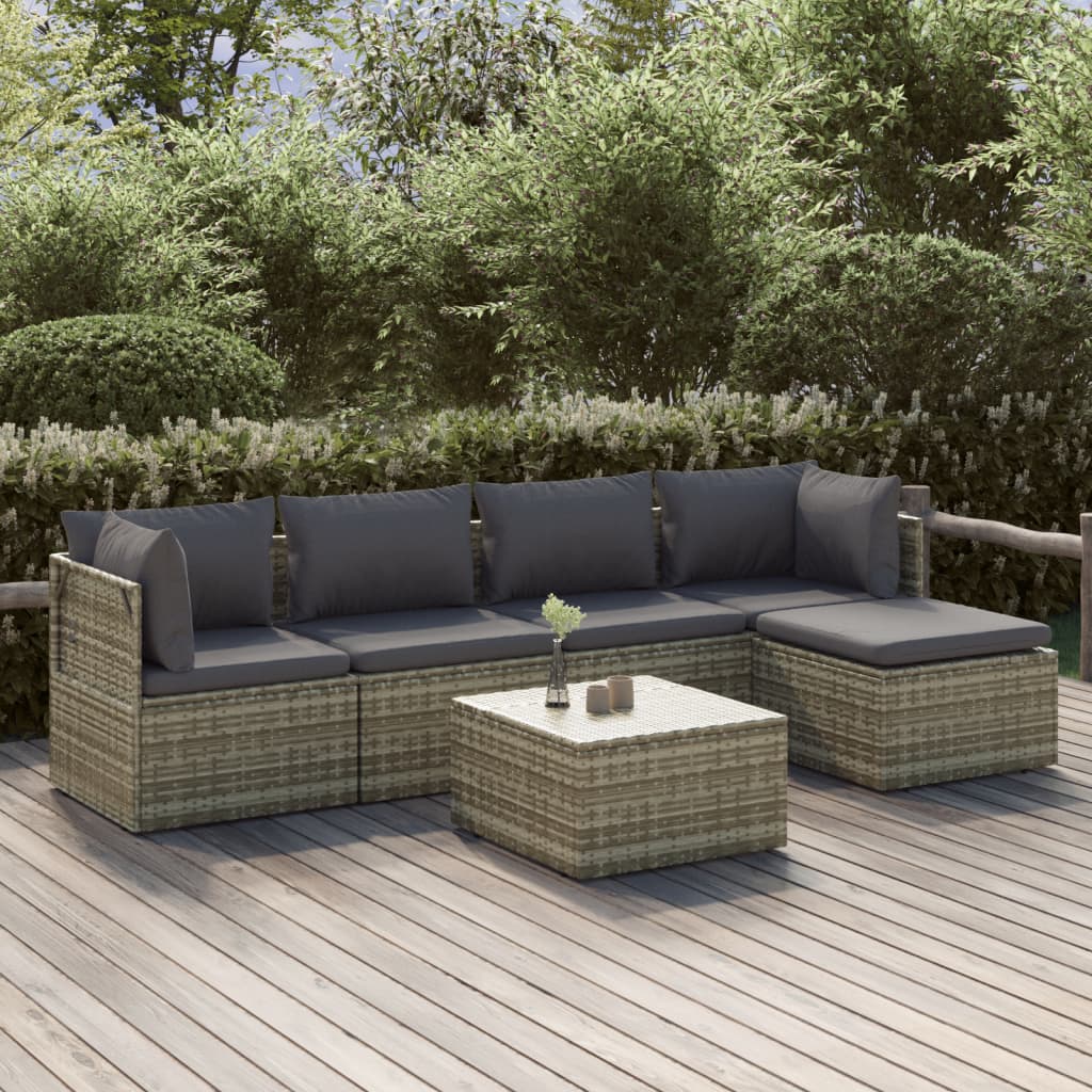Salotto da Giardino Grigio in Polyrattan 6 pz con Cuscini