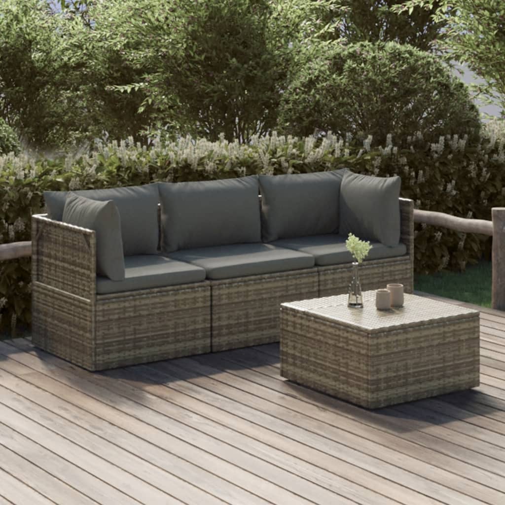 Salotto da giardino grigio in polyrattan, 4 pezzi con cuscini