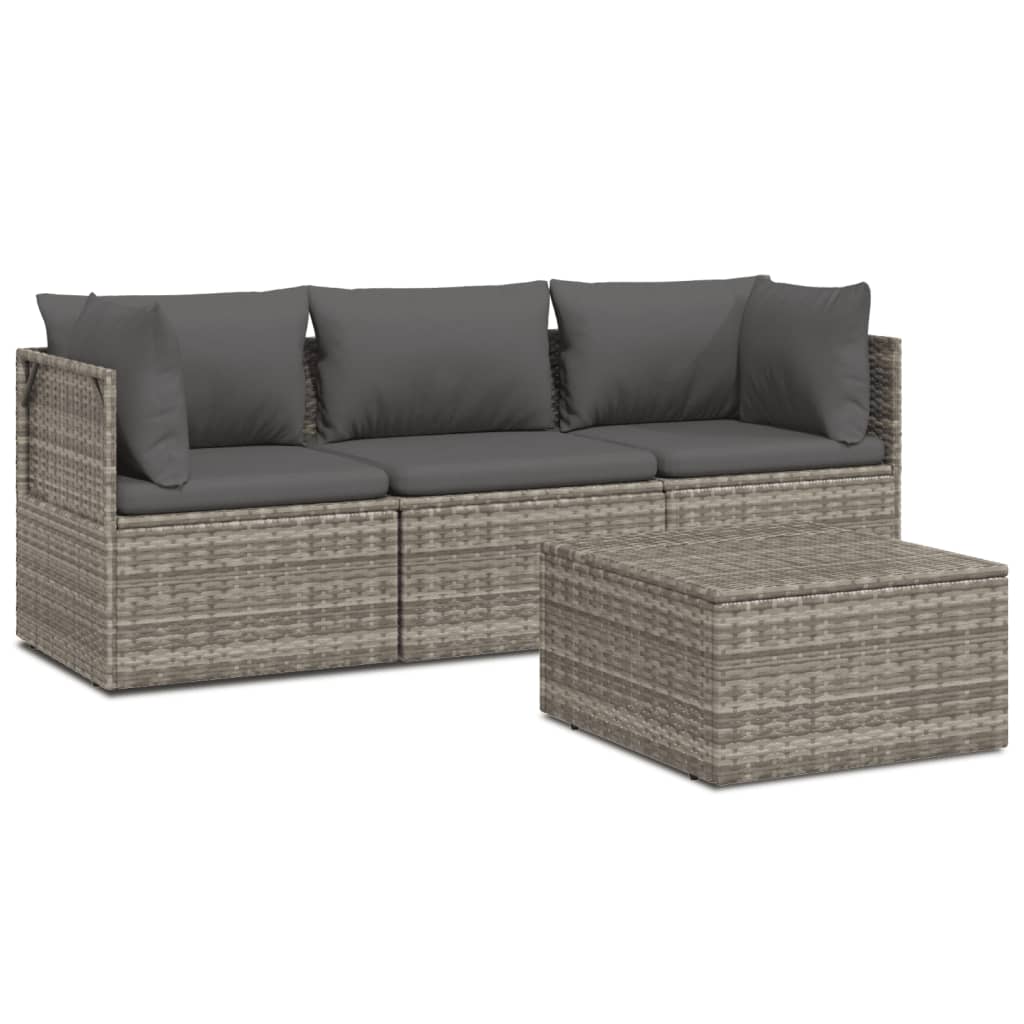 Salotto da giardino grigio in polyrattan, 4 pezzi con cuscini