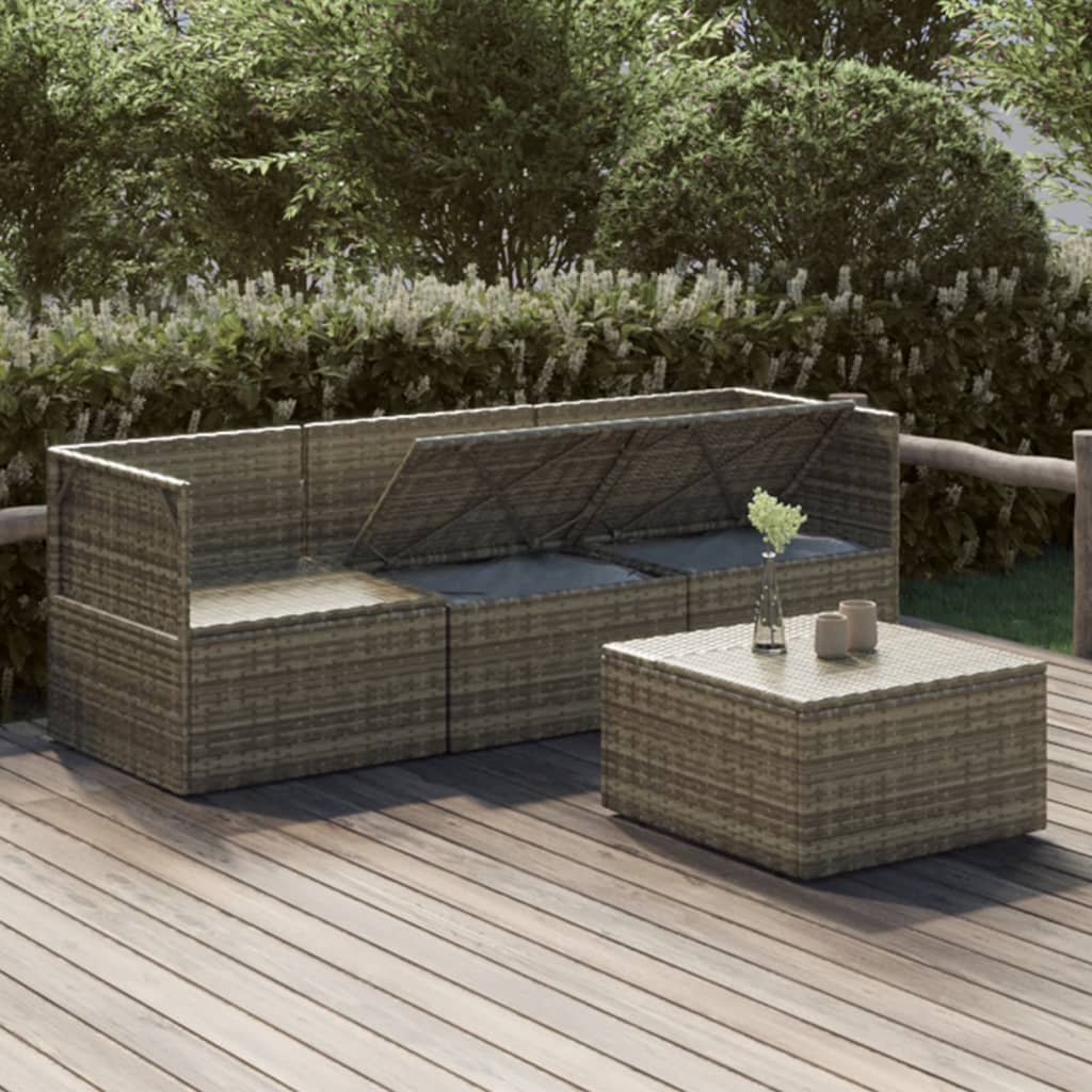 Salotto da giardino grigio in polyrattan, 4 pezzi con cuscini