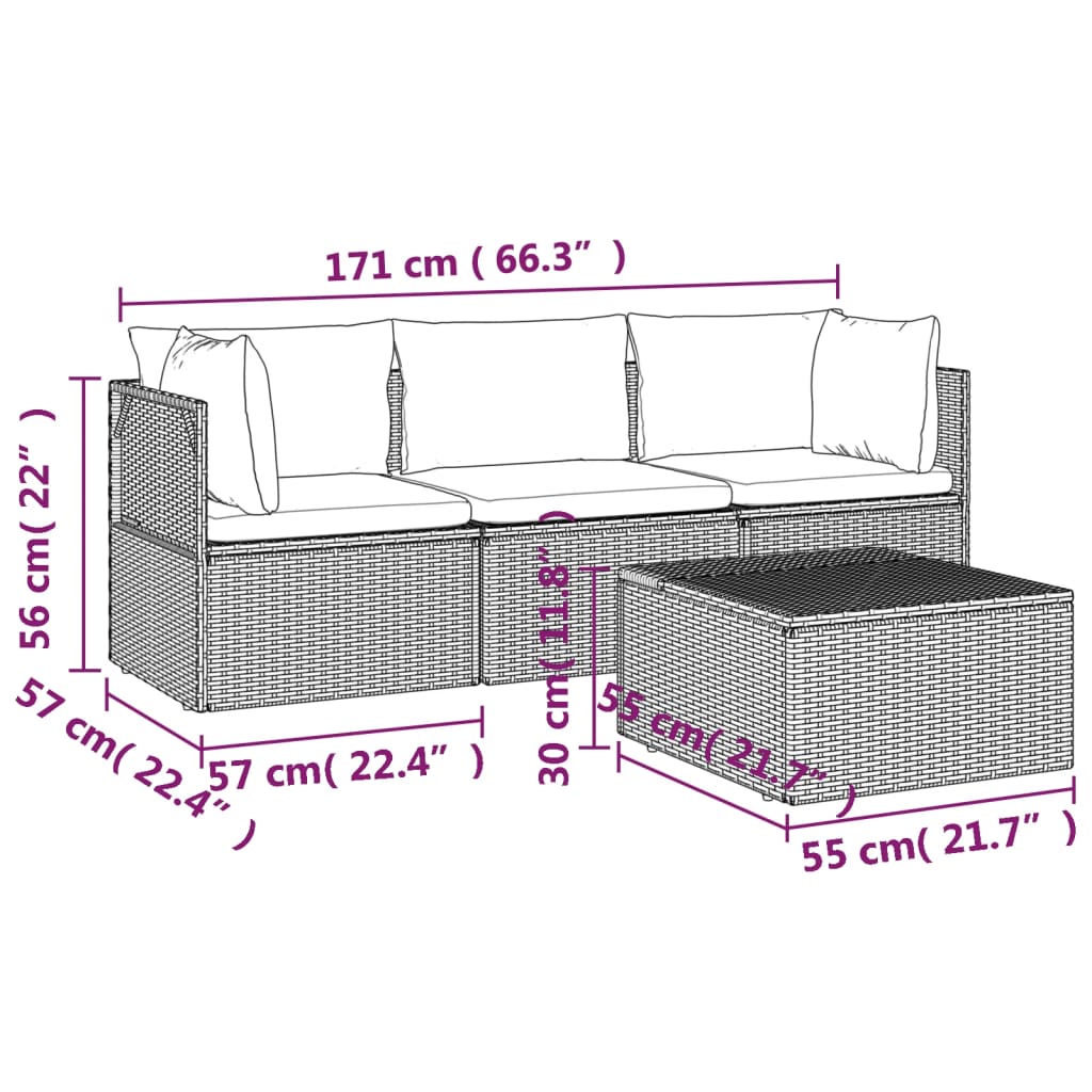 Salotto da giardino grigio in polyrattan, 4 pezzi con cuscini