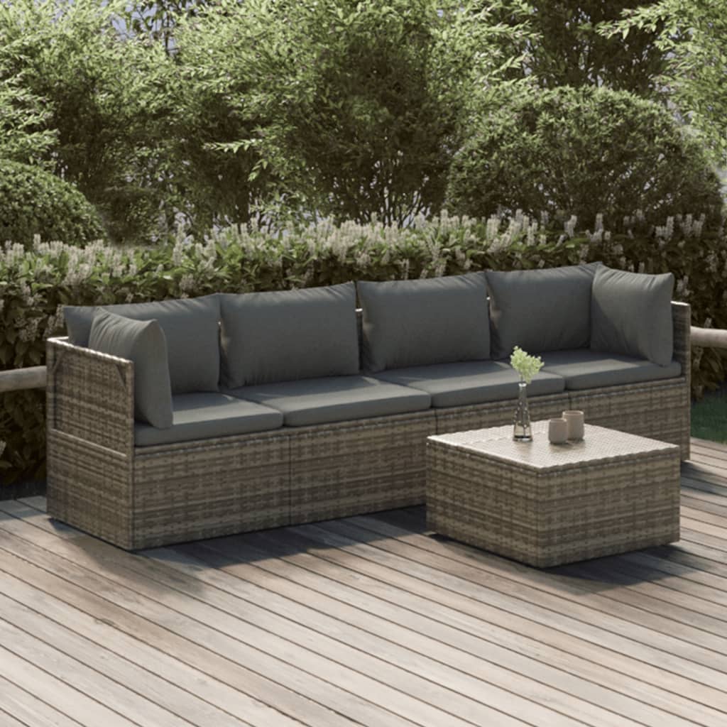 Set Salotto Giardino Polyrattan Grigio 5 pz con Cuscini