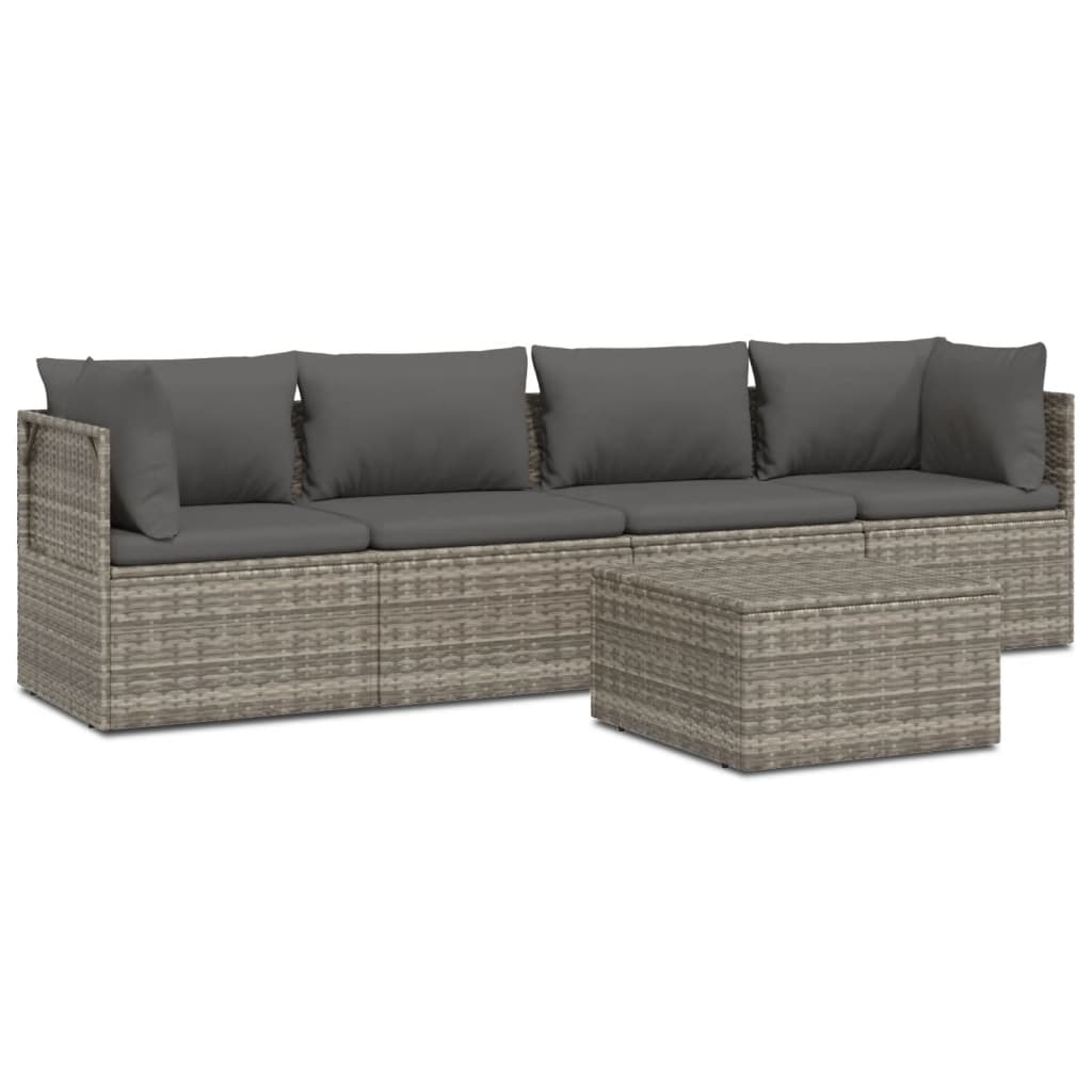 Set Salotto Giardino Polyrattan Grigio 5 pz con Cuscini