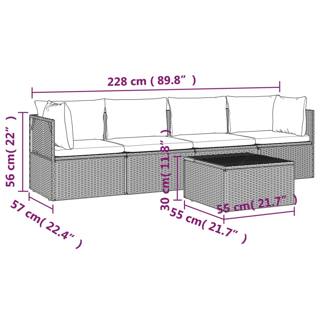 Set Salotto Giardino Polyrattan Grigio 5 pz con Cuscini