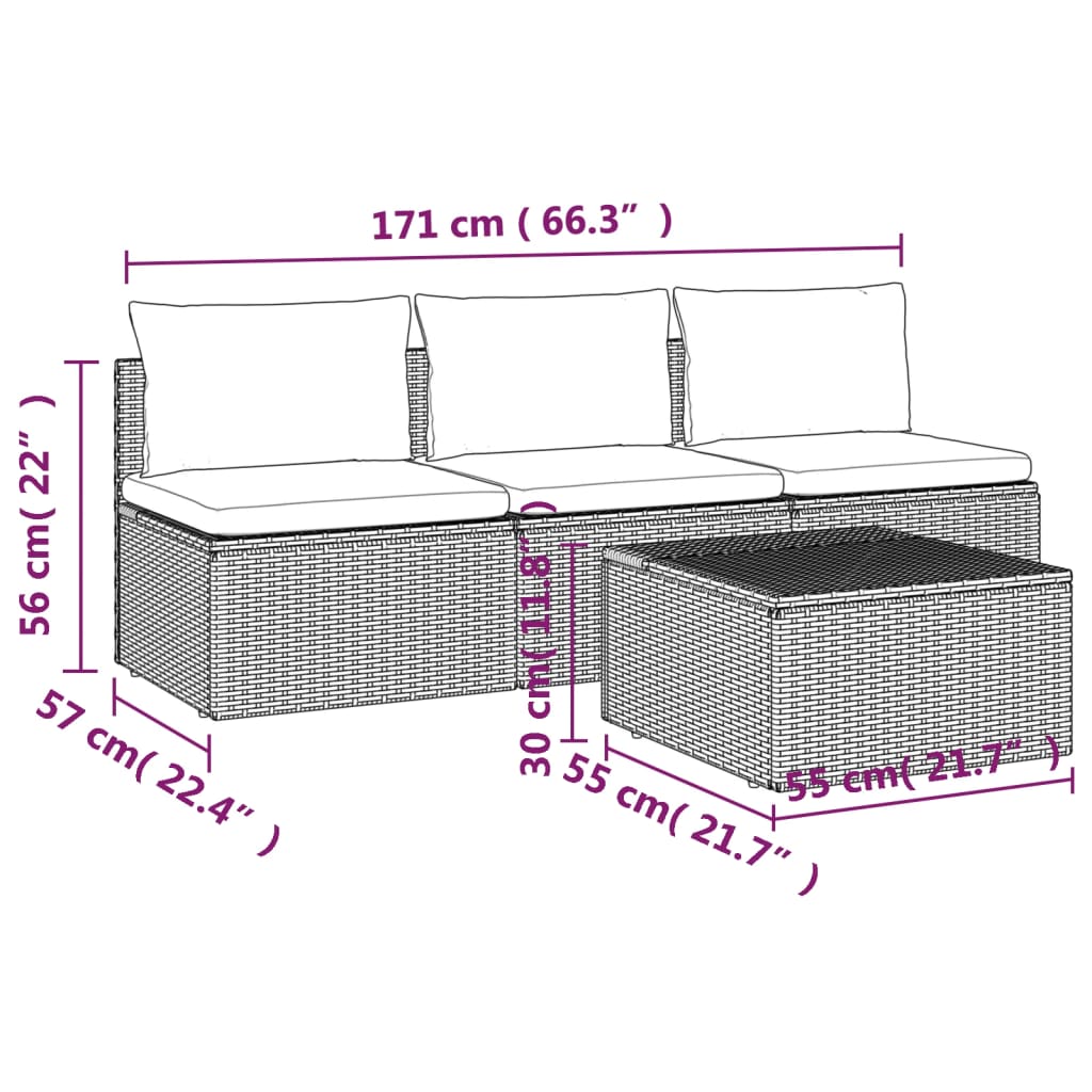 Set Divani da Giardino 4 pz in Polyrattan Grigio