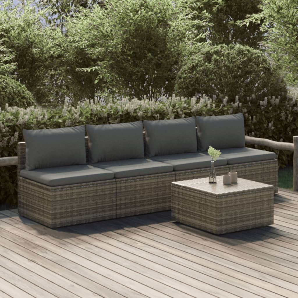 Salotto da giardino 5 pz in rattan PE grigio con cuscini 2