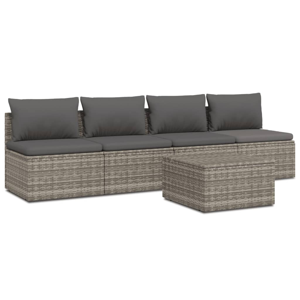 Salotto da giardino 5 pz in rattan PE grigio con cuscini 2