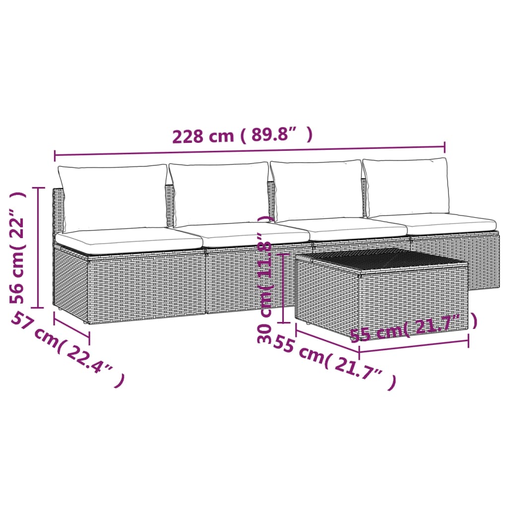 Salotto da giardino 5 pz in rattan PE grigio con cuscini 2